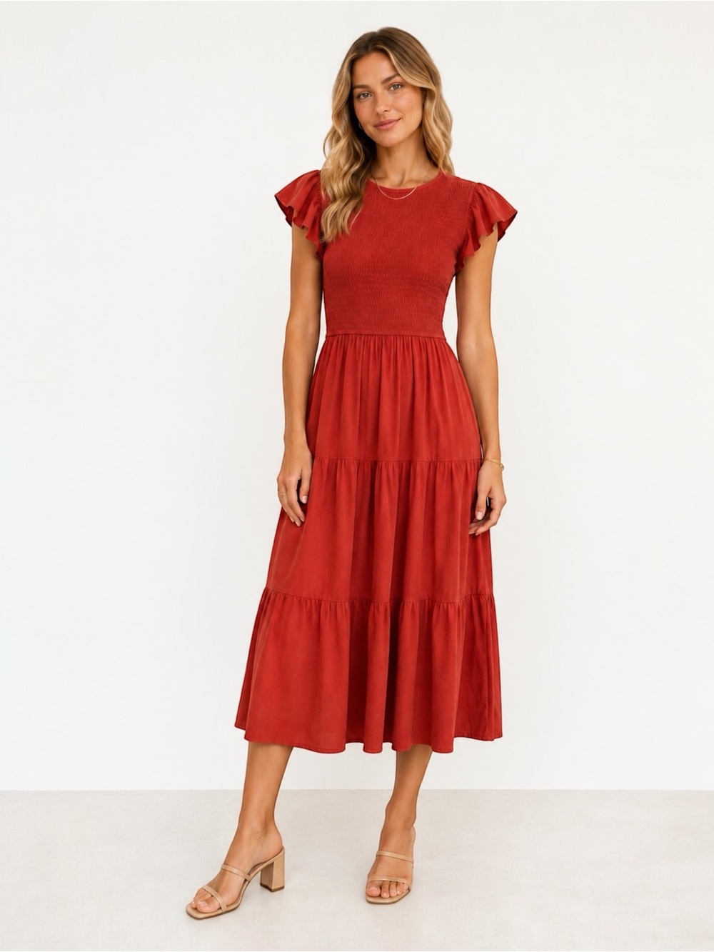 Smocked Tiered Midi Dress Flutter Sleeve Cottagecore Rust Orange S NWT
